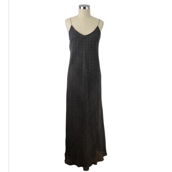 DKNY Silk Maxi Dress Size 10 Black Bias Cut Spaghetti Strap Tan Crosshatch EUC - Picture 1 of 9